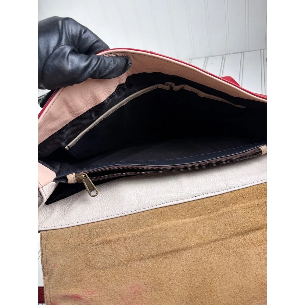 Soruka Oreleans Vintage Y2K Red Leather Leopard Print Crossbody Satchel Bag $170